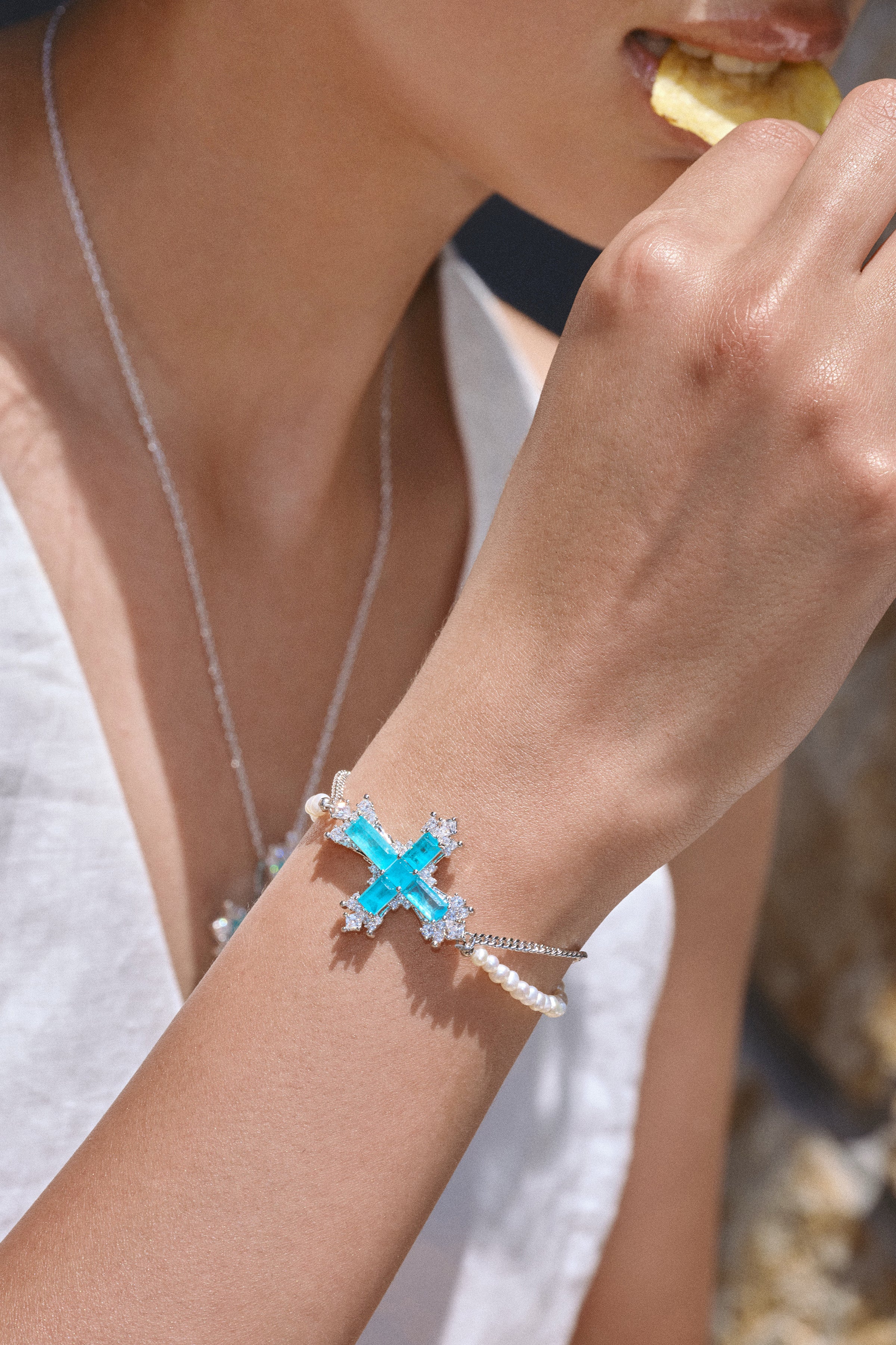 Paraiba Cross Jewelry Set – Silver 3-Piece Collection (Large Necklace) - booneealus