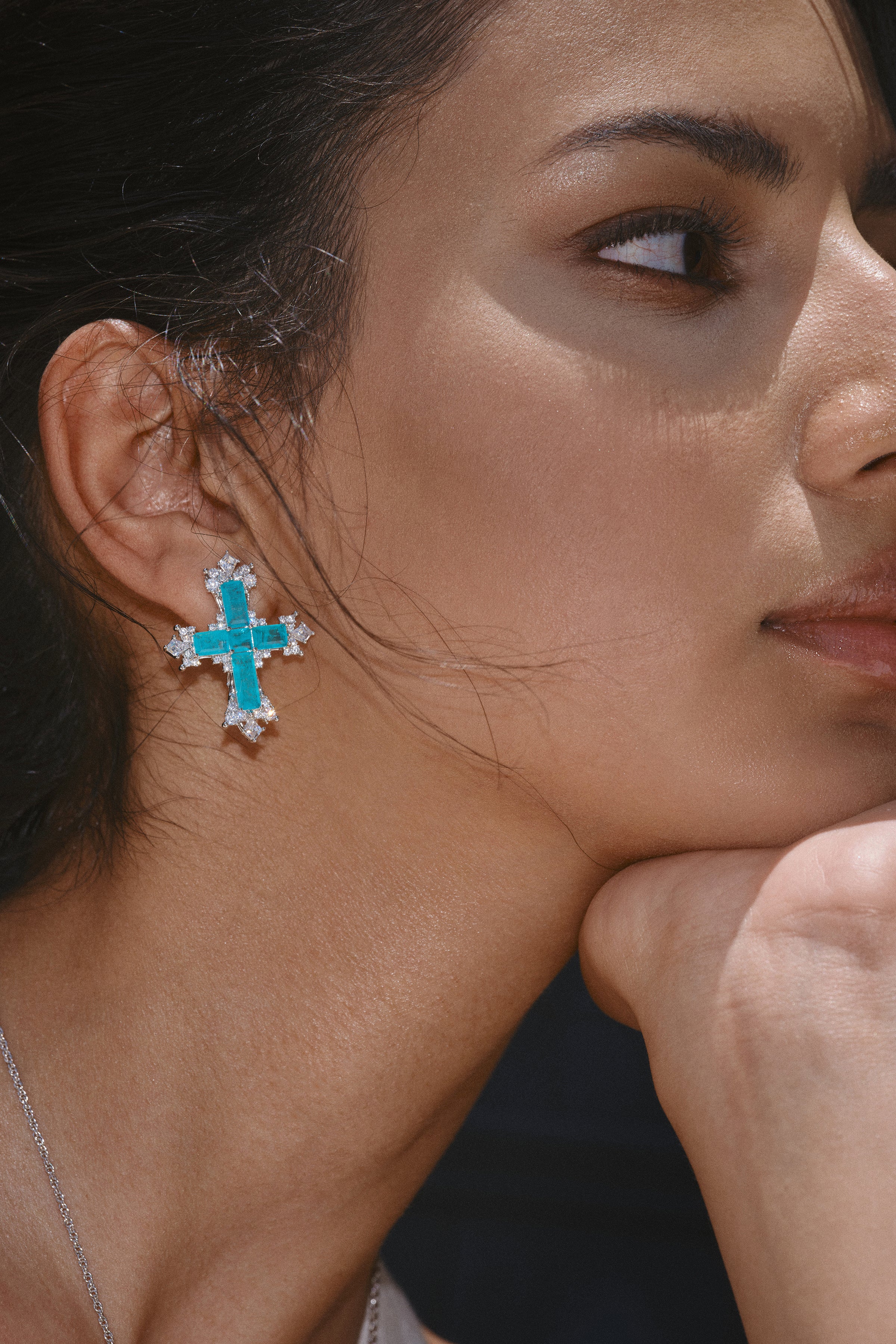 Paraiba Cross Jewelry Set – Silver 3-Piece Collection (Large Necklace) - booneealus