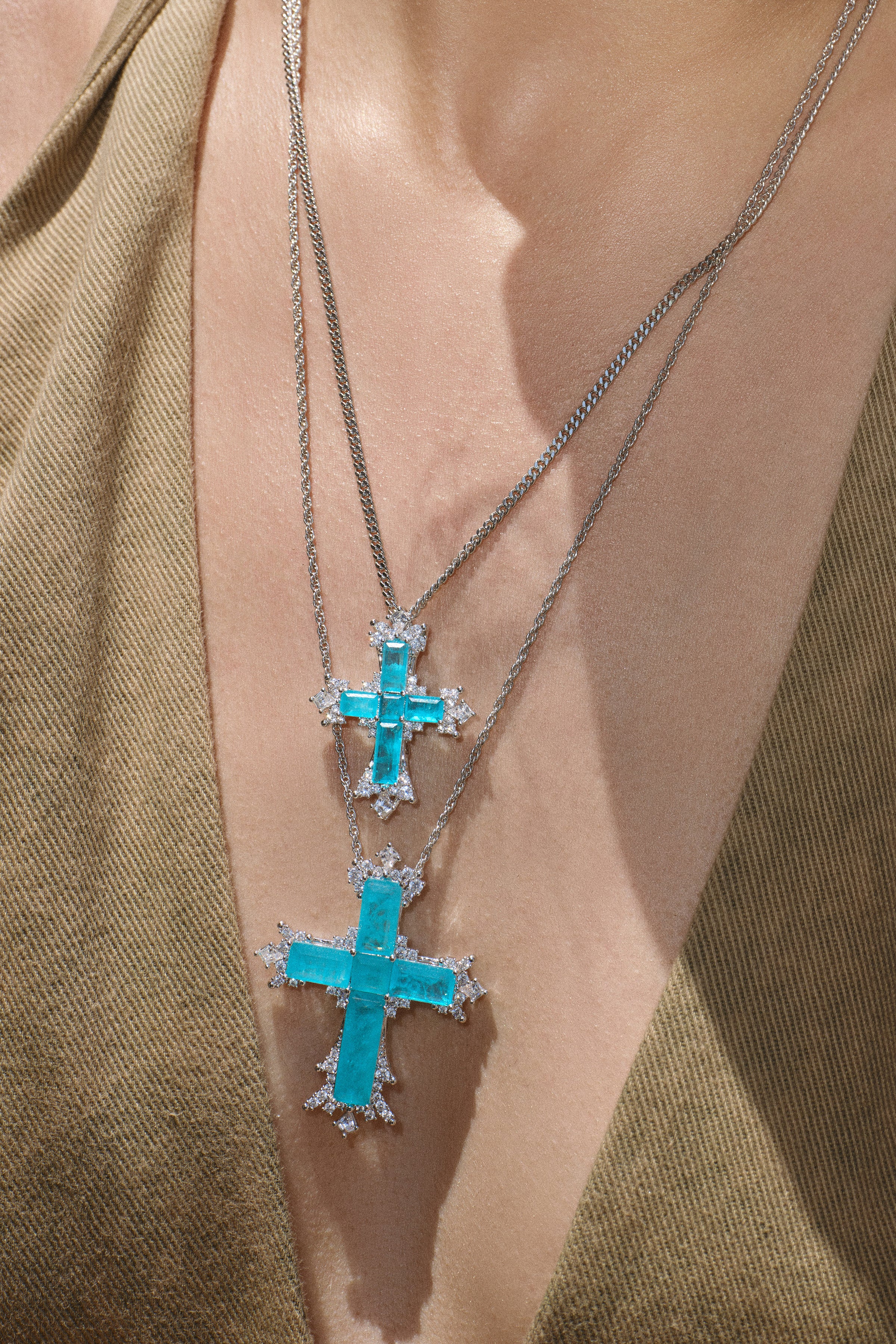 Paraiba Cross Duo – Silver Large & Small Necklaces - booneealus
