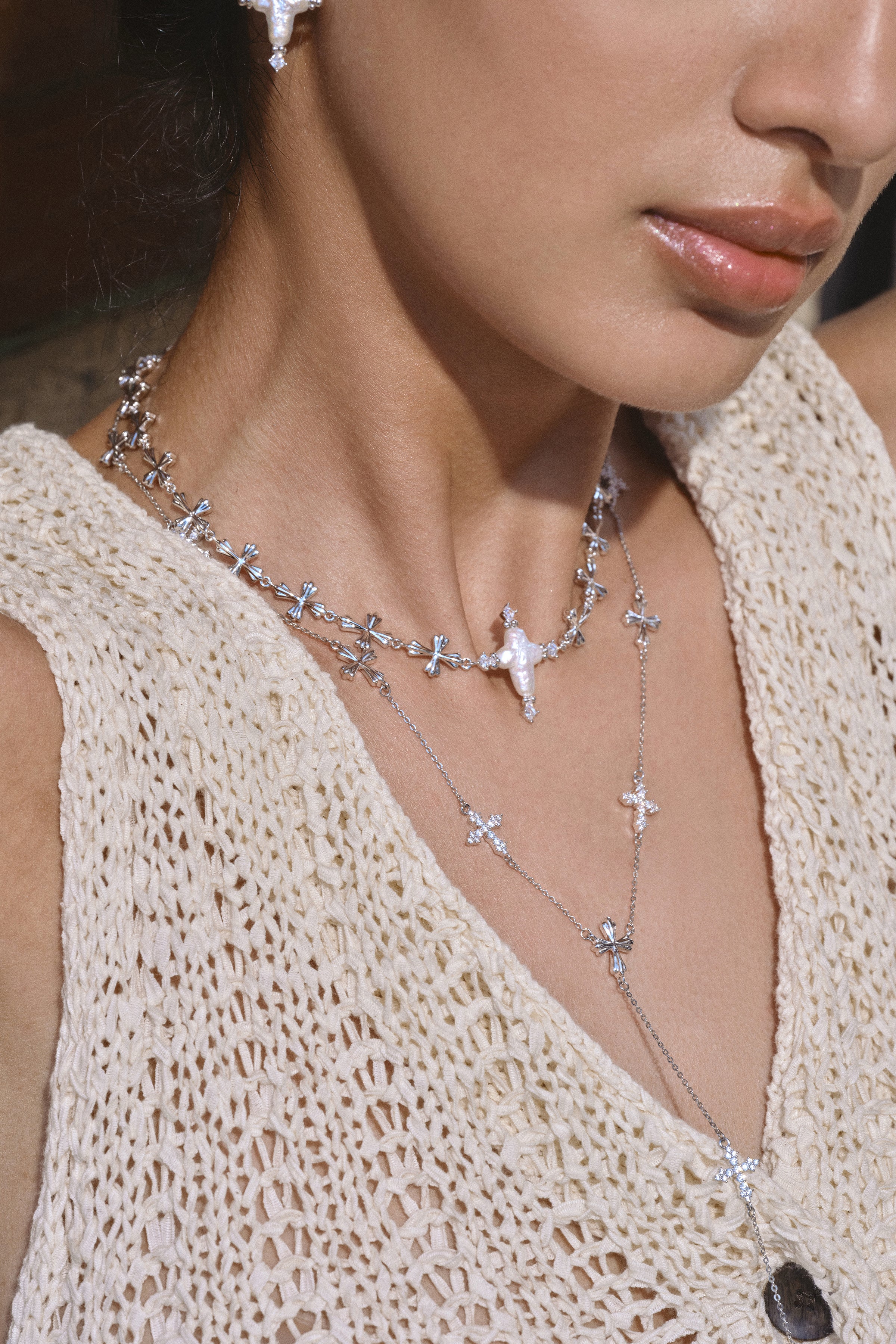 Forged Pilgrimage & Pearl Cross Cipher Necklace Set – Silver - booneealus