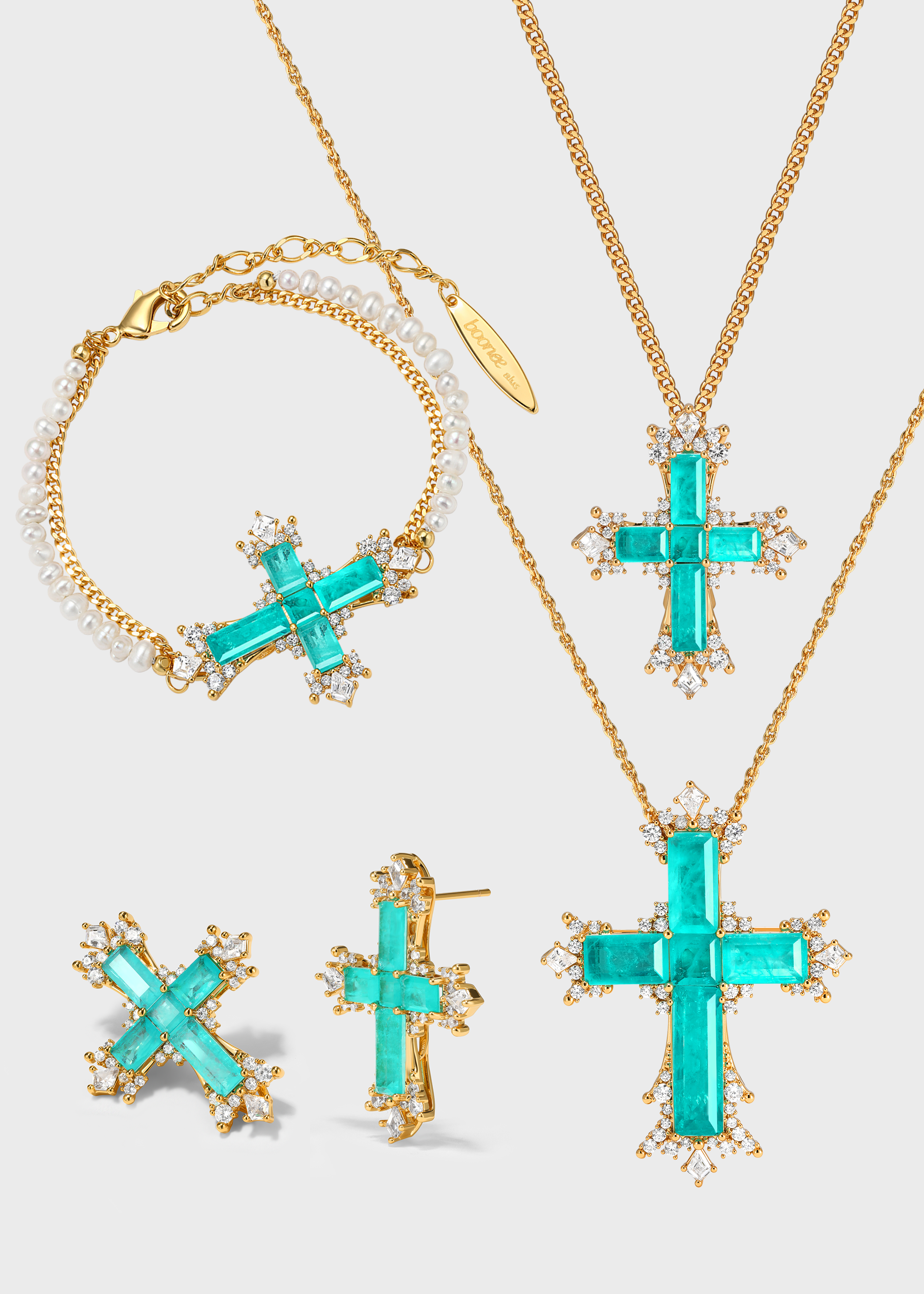 Paraiba Cross Jewelry Set – Gold 4-Piece Collection - booneealus