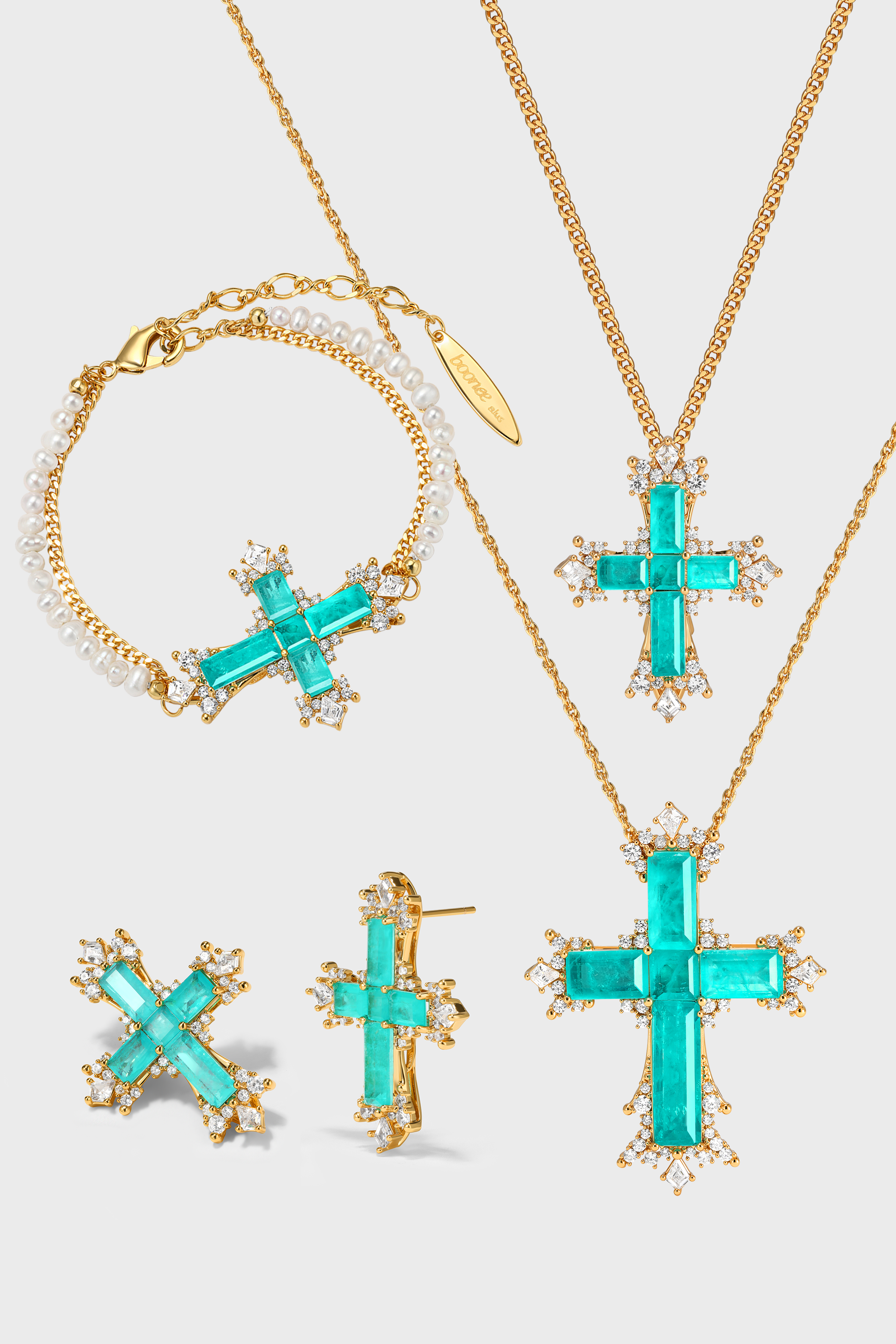 Paraiba Cross Jewelry Set – Gold 4-Piece Collection - booneealus