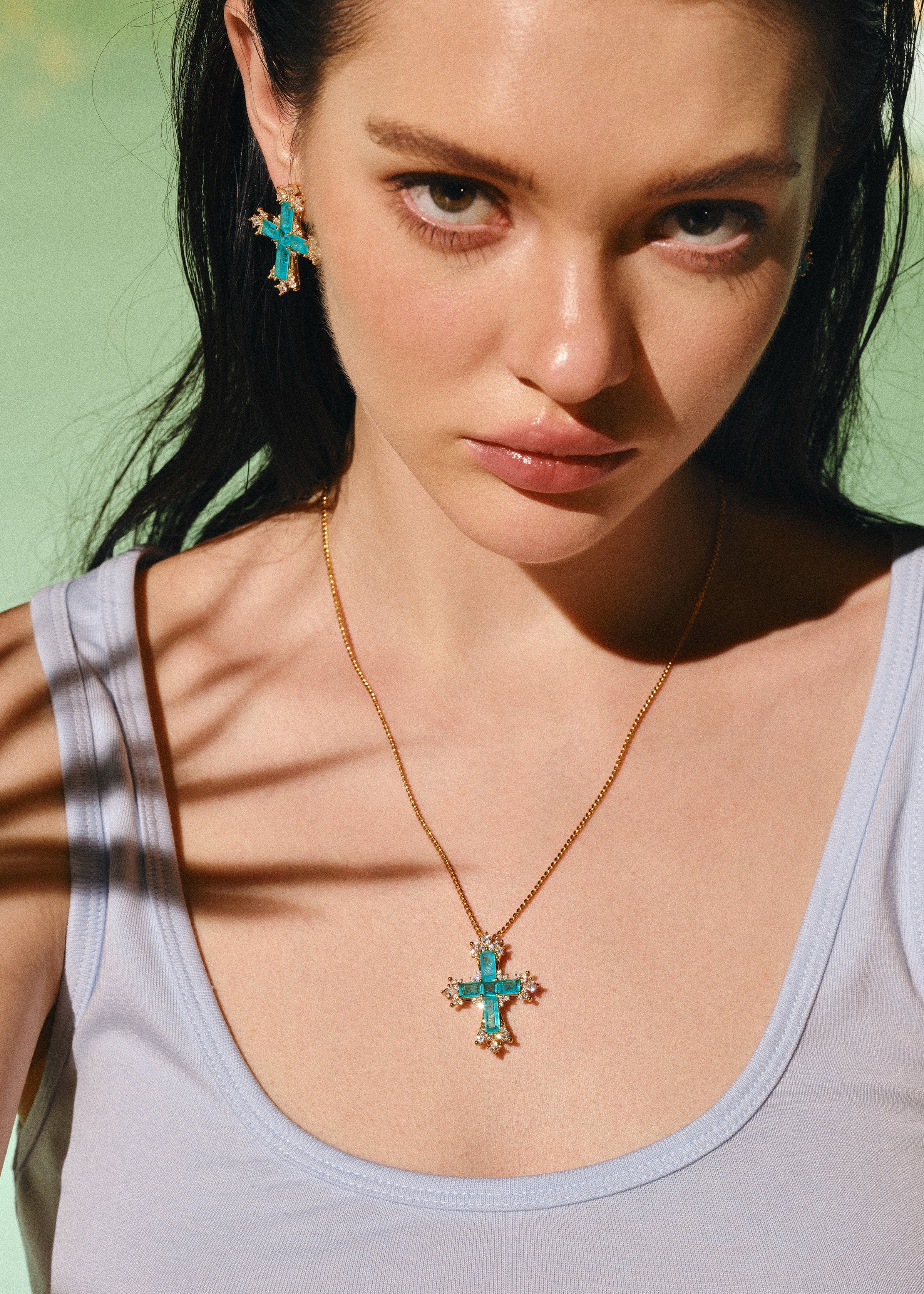 Paraiba Cross Jewelry Set – Gold 3-Piece Collection (Small Necklace) - booneealus