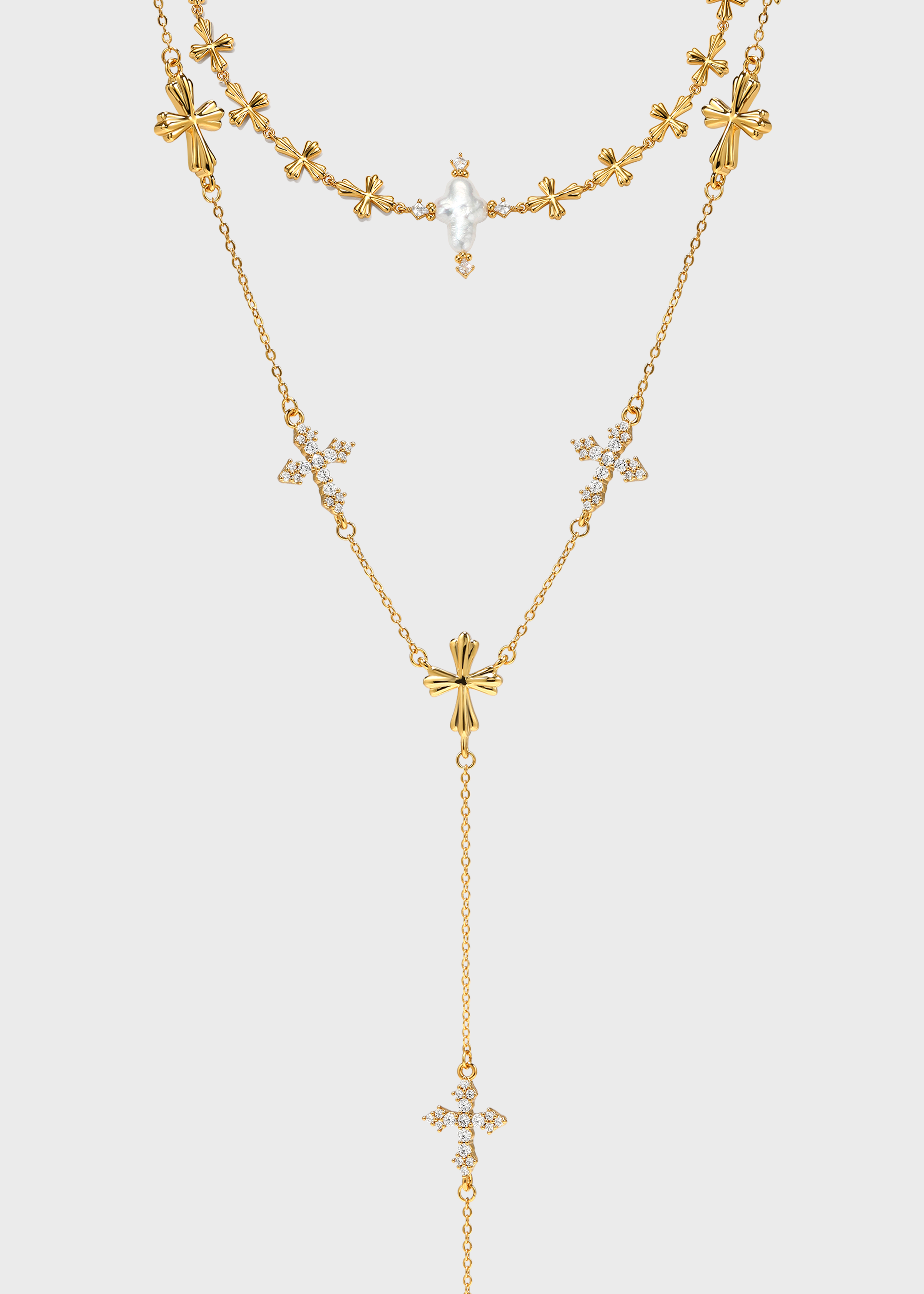 Forged Pilgrimage & Pearl Cross Cipher Necklace Set – Gold - booneealus