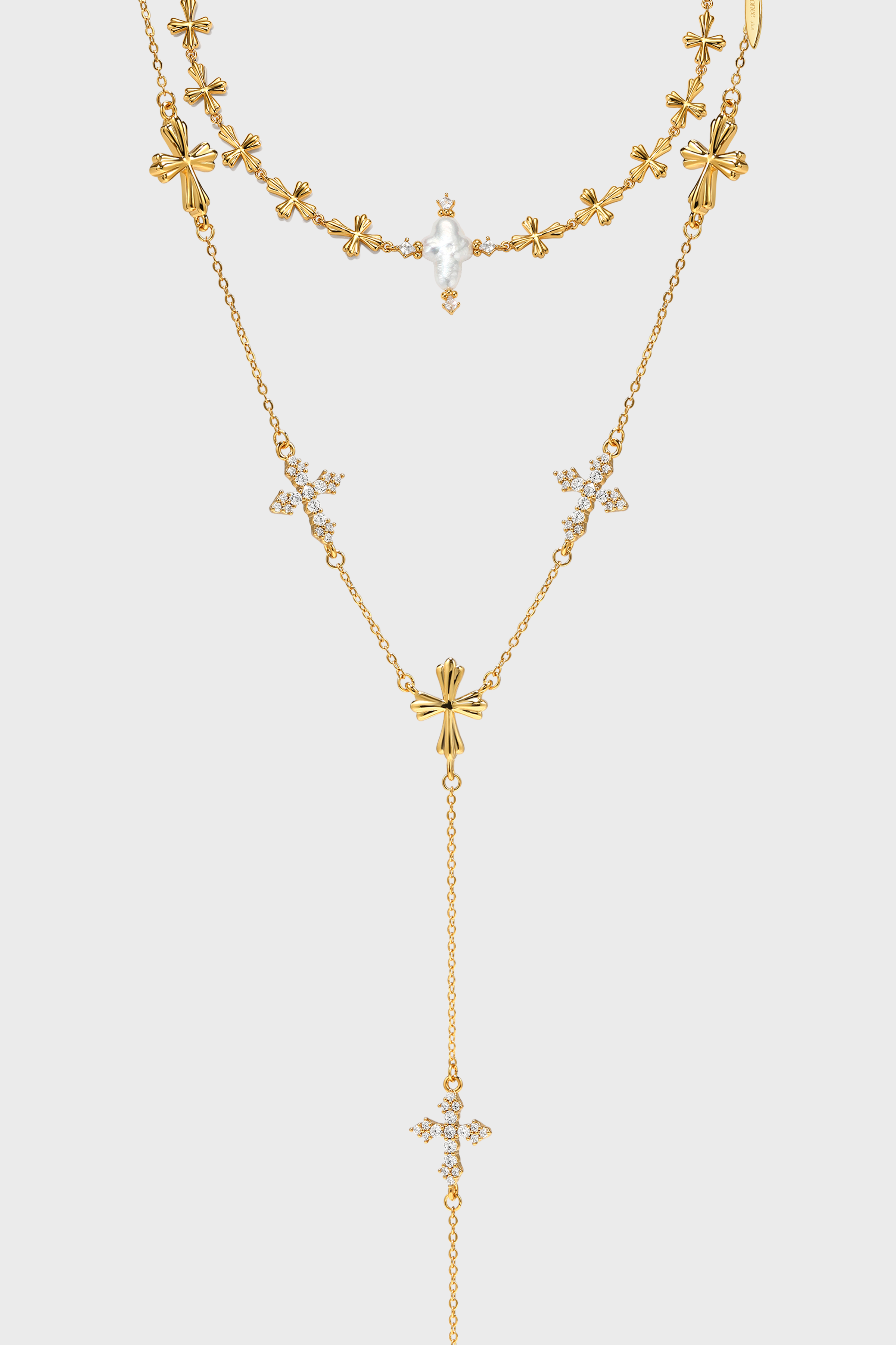 Forged Pilgrimage & Pearl Cross Cipher Necklace Set – Gold - booneealus