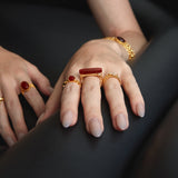 Woven Chain Red Agate Cabochon Ring – 24K Gold Plated