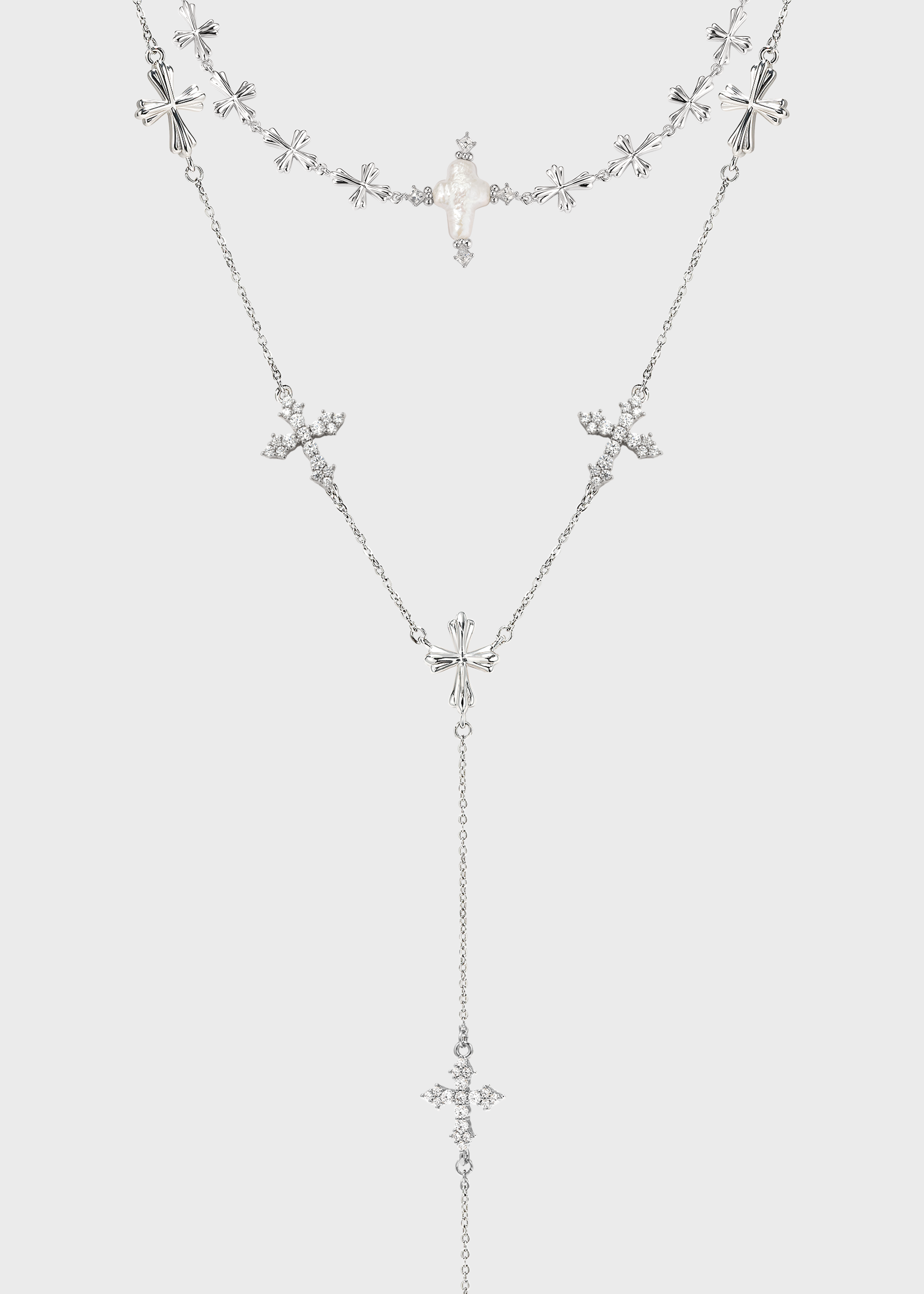 Forged Pilgrimage & Pearl Cross Cipher Necklace Set – Silver - booneealus