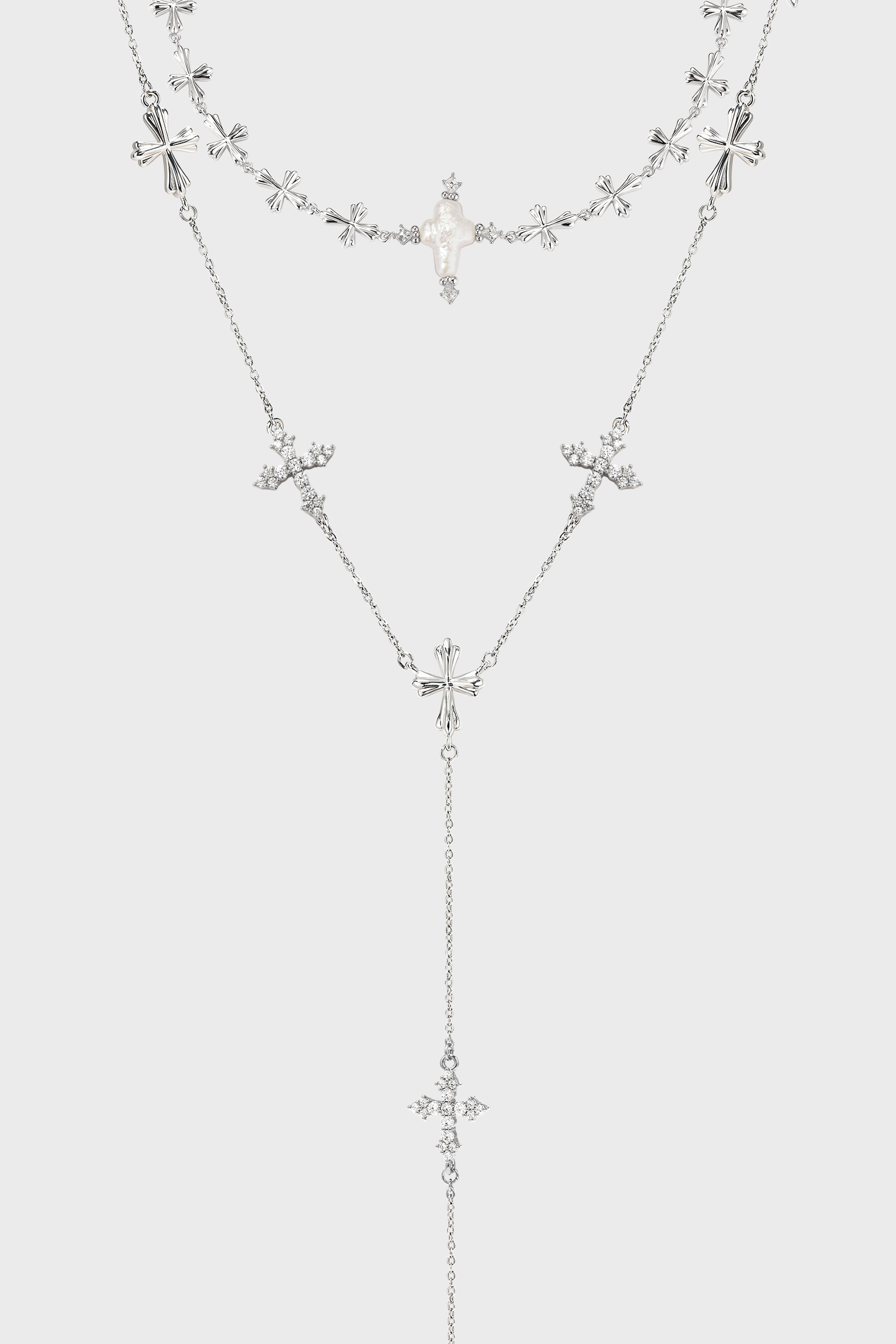 Forged Pilgrimage & Pearl Cross Cipher Necklace Set – Silver - booneealus
