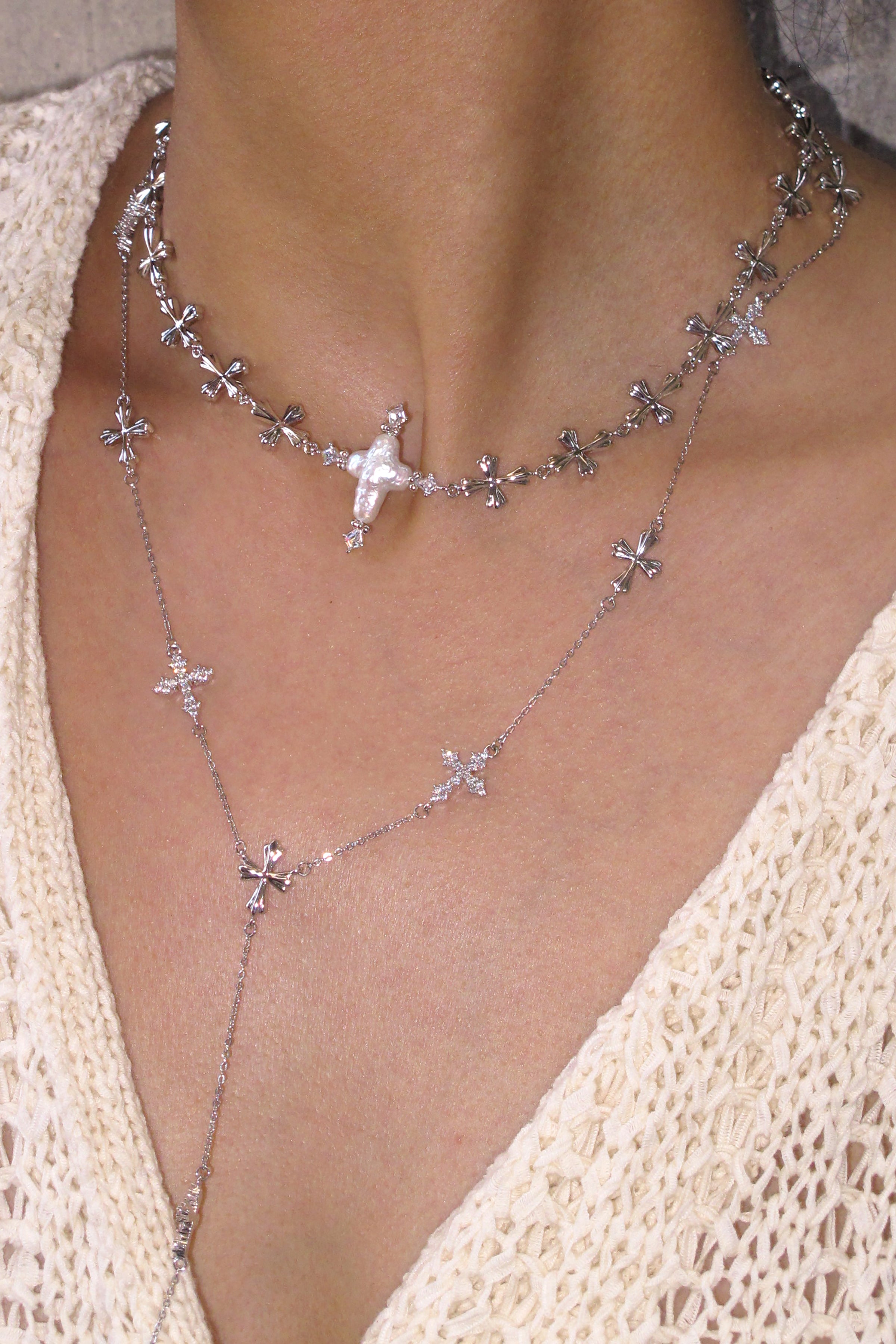 Forged Pilgrimage & Pearl Cross Cipher Necklace Set – Silver - booneealus