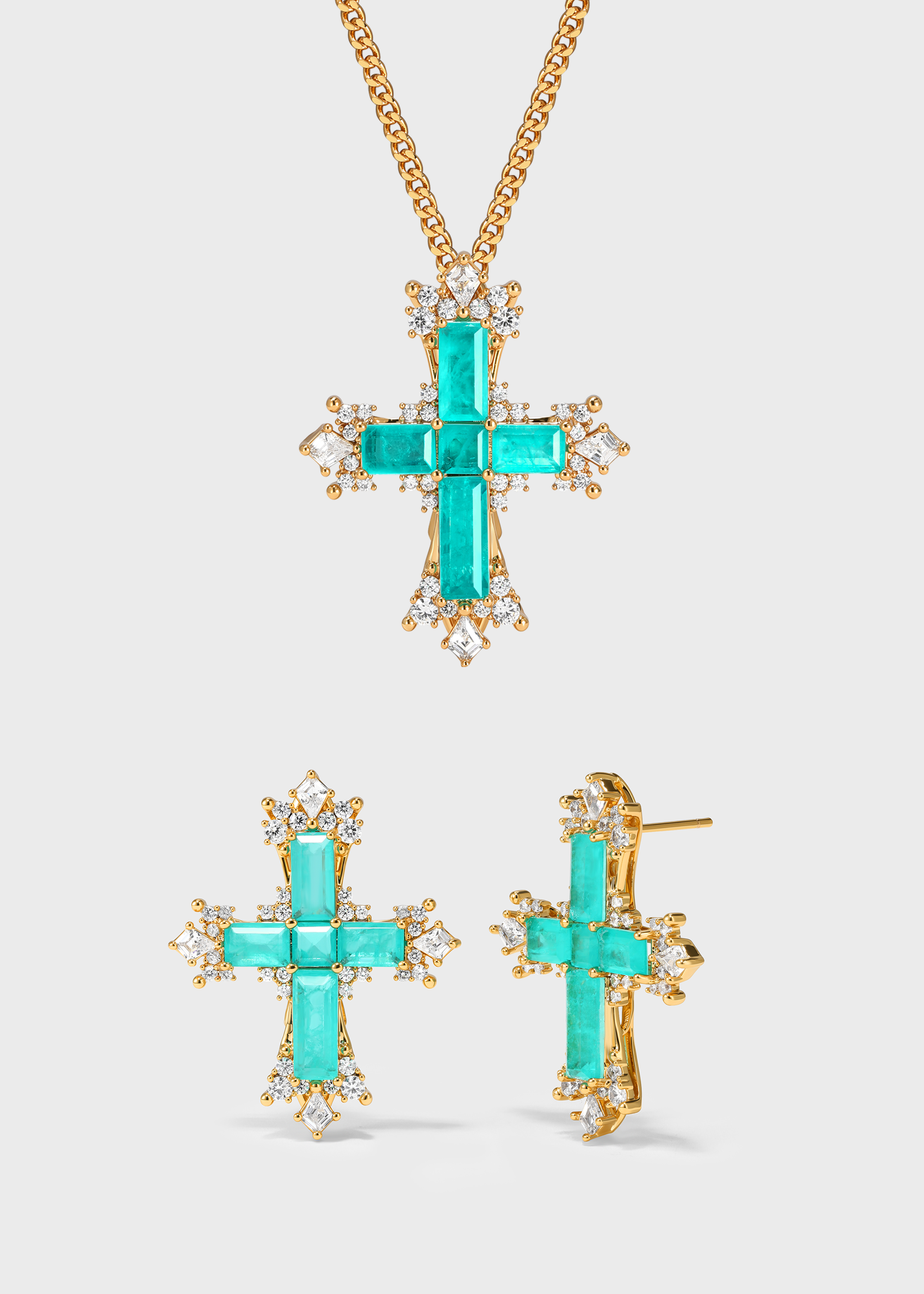 Paraiba Cross Jewelry Set – Gold Small Necklace & Earrings - booneealus