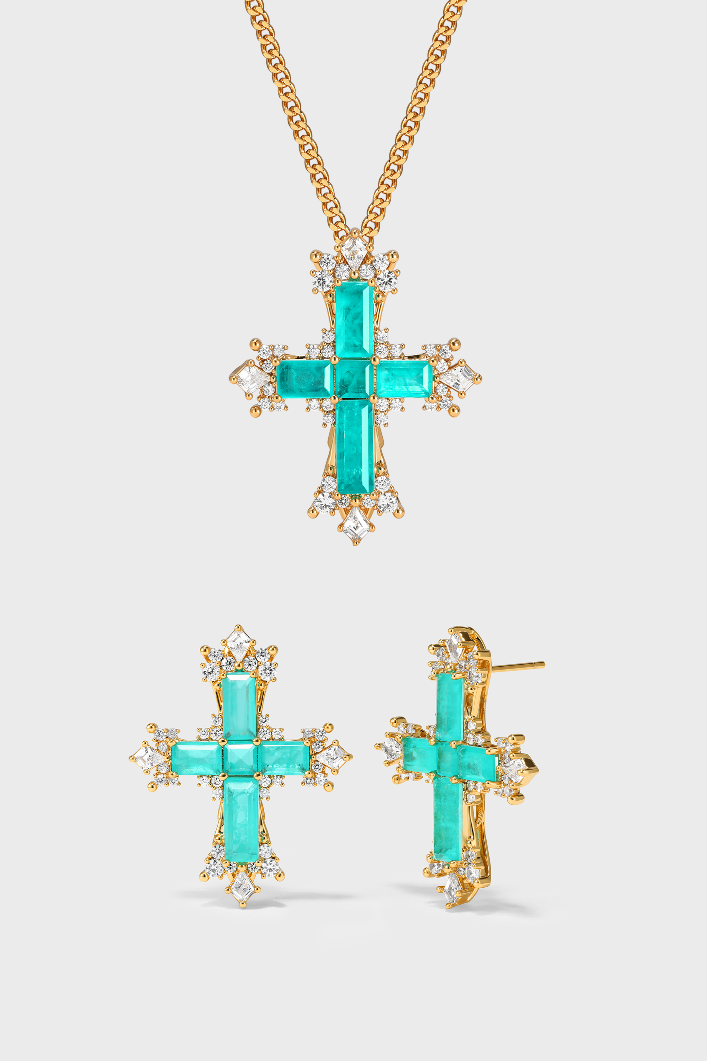 Paraiba Cross Jewelry Set – Gold Small Necklace & Earrings - booneealus