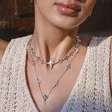 Forged Pilgrimage & Pearl Cross Cipher Necklace Set – Silver - booneealus