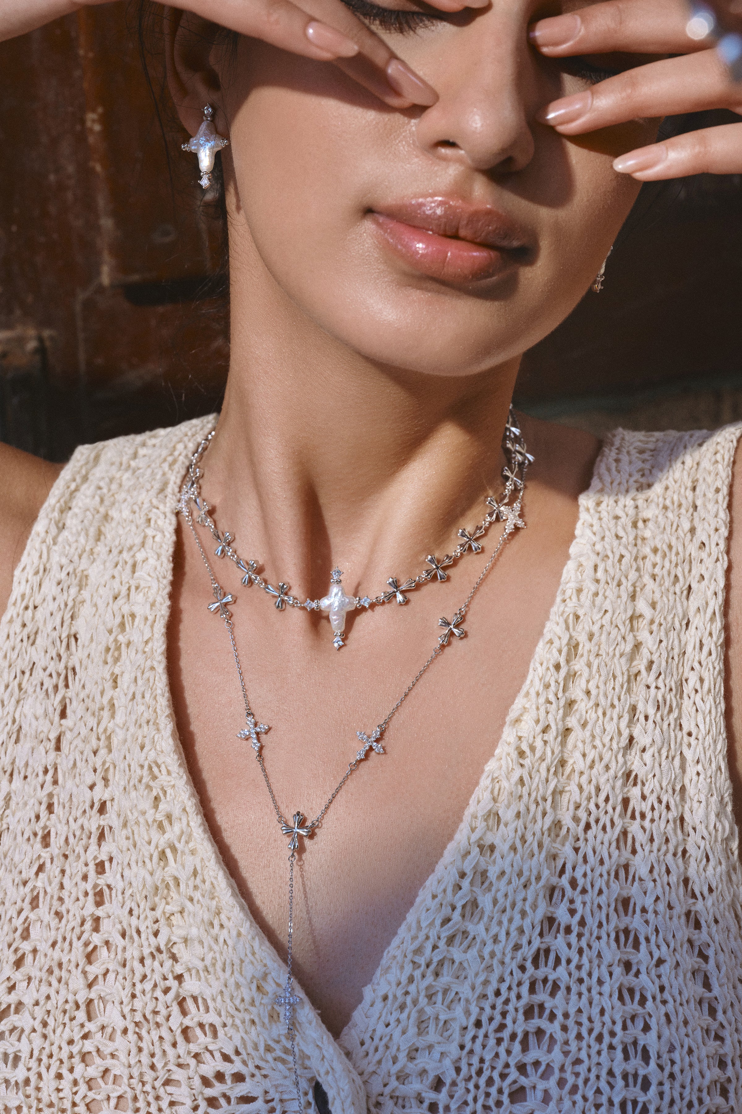 Forged Pilgrimage & Pearl Cross Cipher Necklace Set – Silver - booneealus