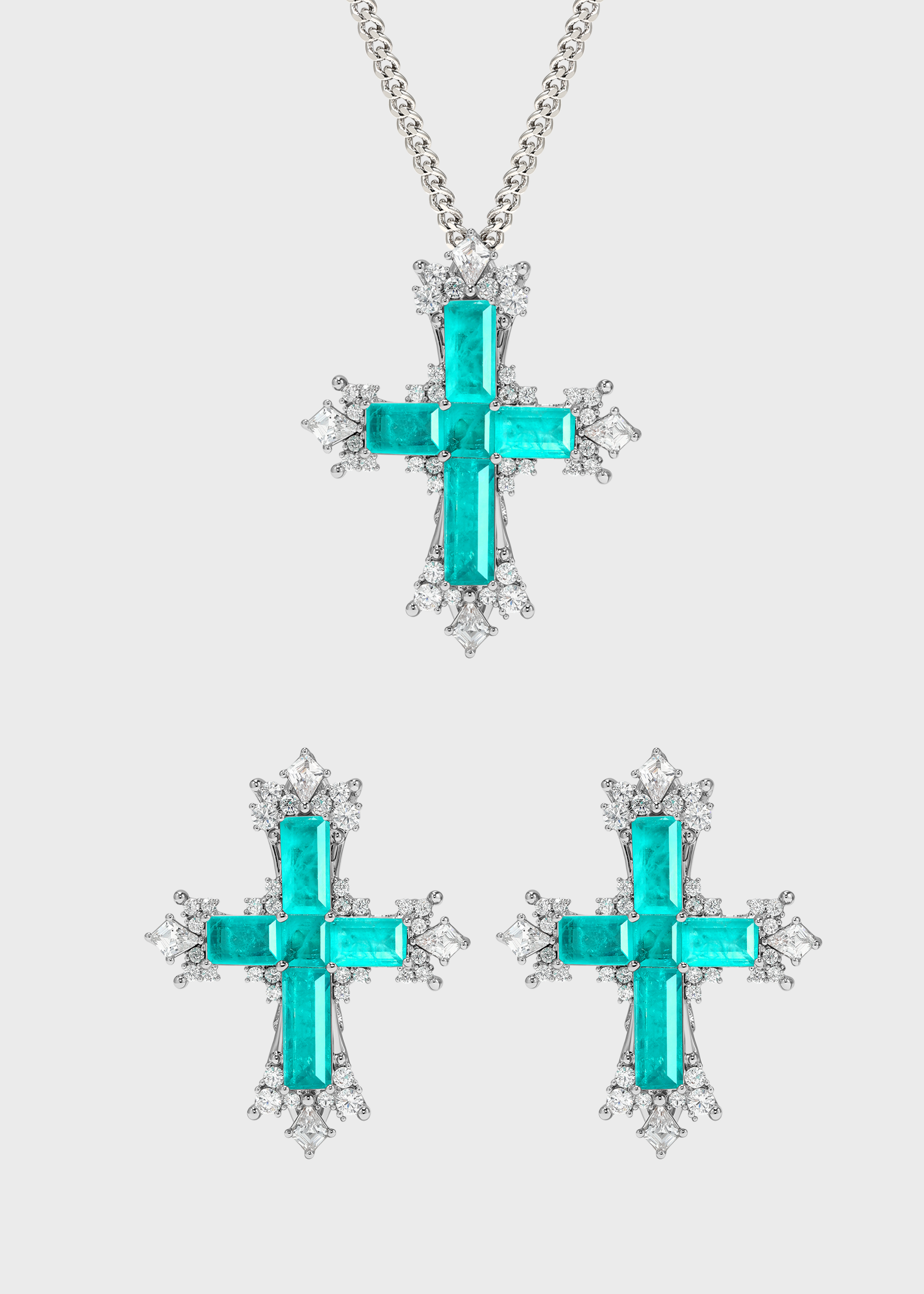 Paraiba Cross Jewelry Set – Silver Small Necklace & Earrings - booneealus