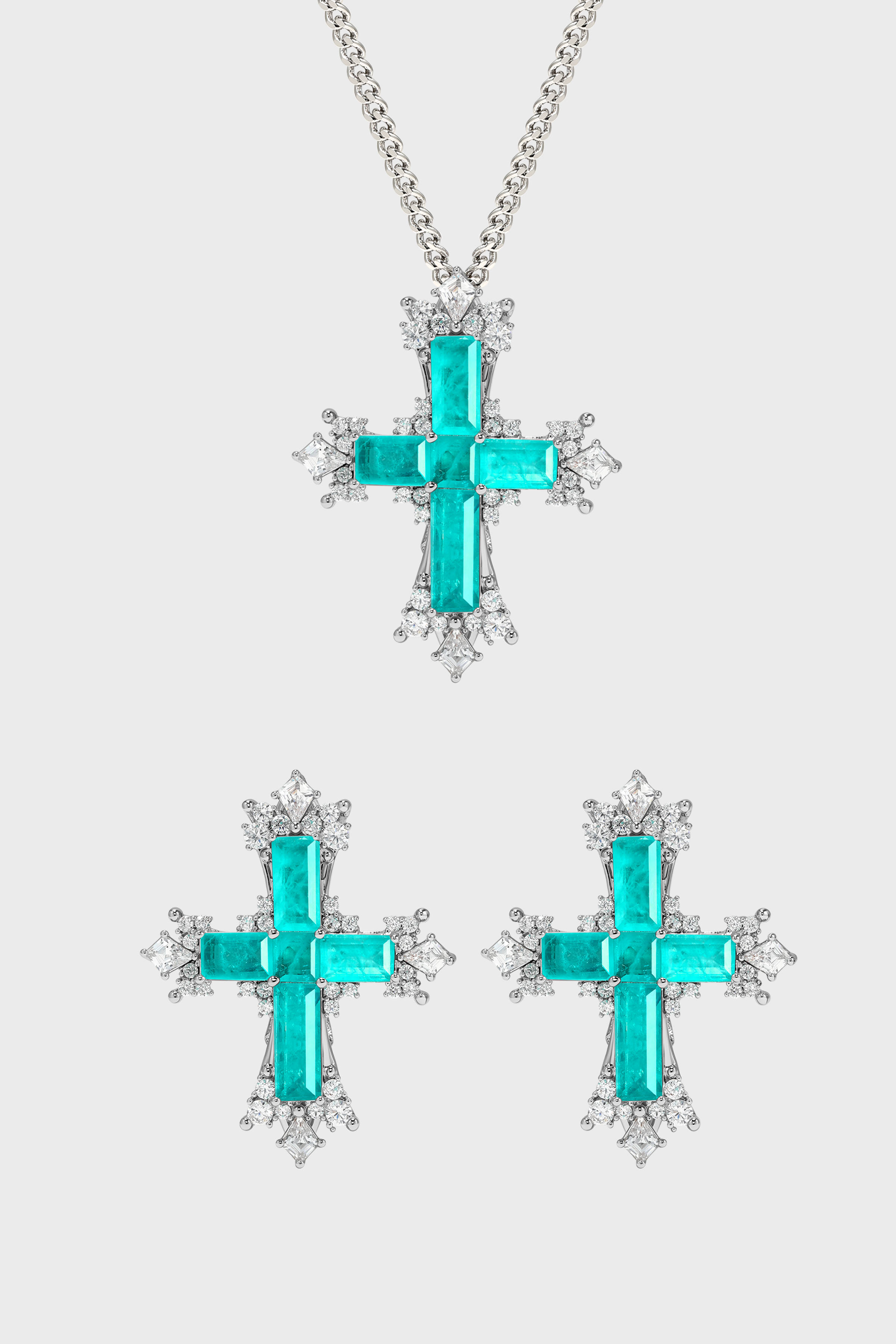 Paraiba Cross Jewelry Set – Silver Small Necklace & Earrings - booneealus