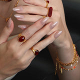 Woven Chain Red Agate Cabochon Ring – 24K Gold Plated