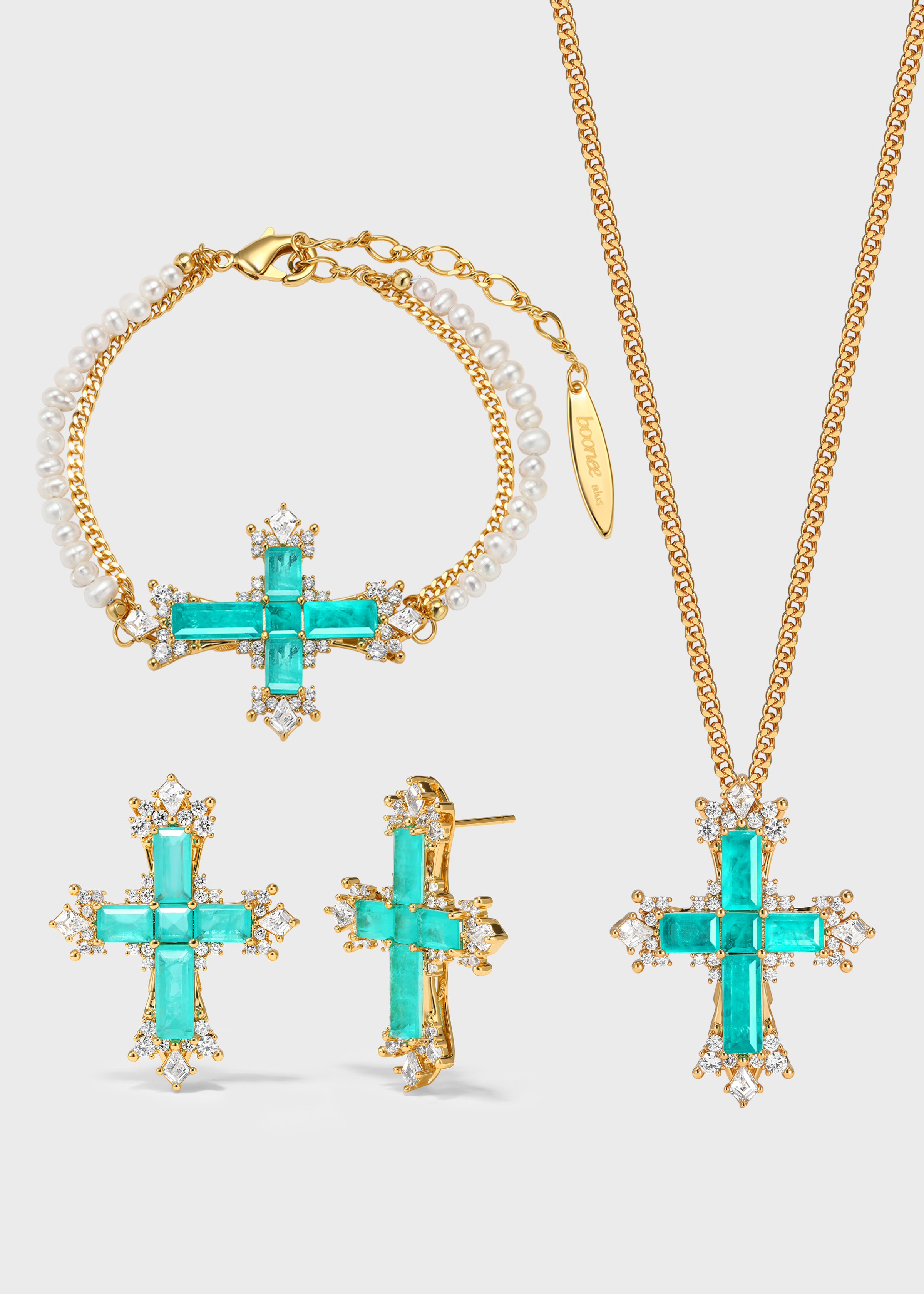 Paraiba Cross Jewelry Set – Gold 3-Piece Collection (Small Necklace) - booneealus