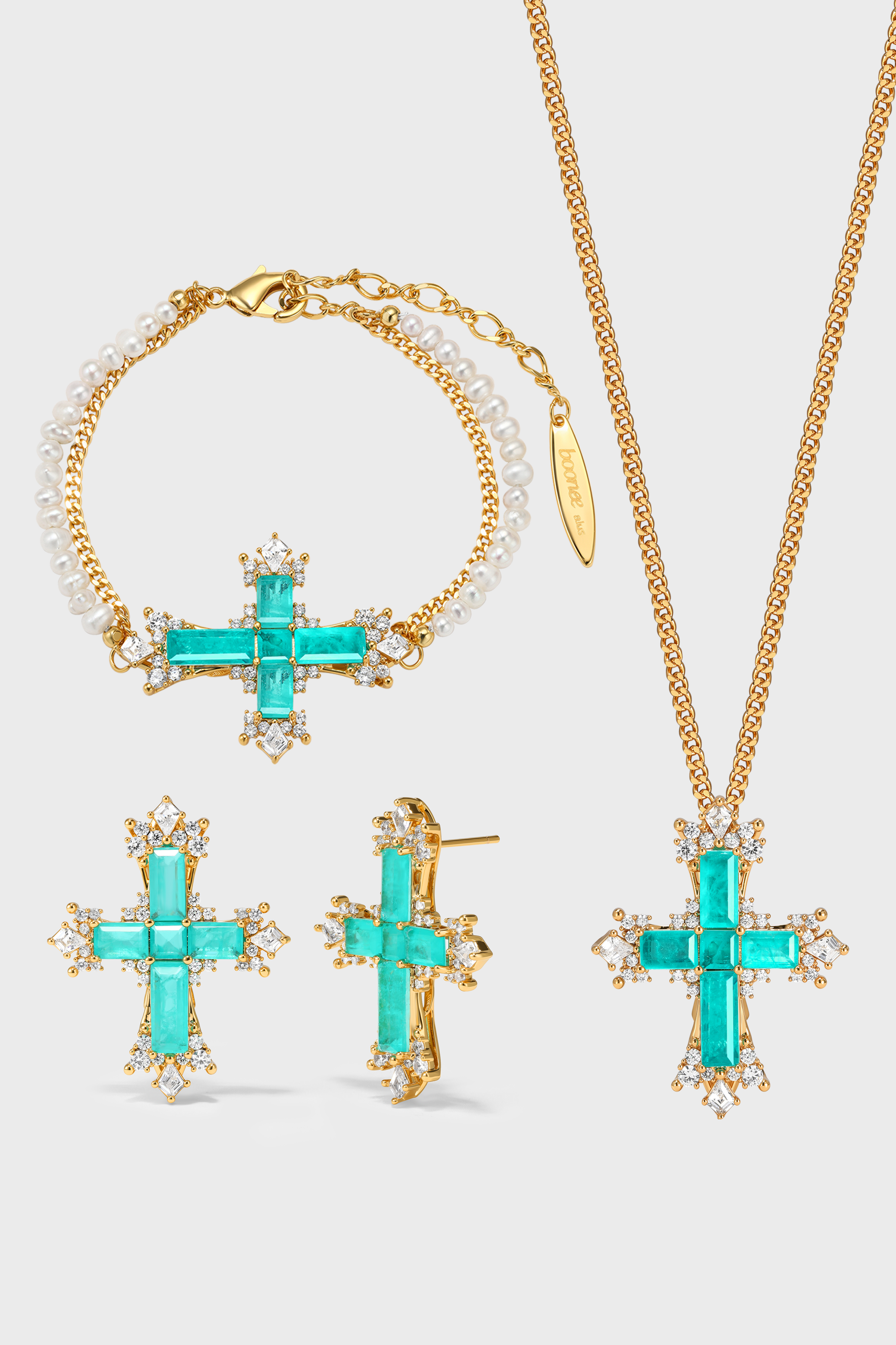 Paraiba Cross Jewelry Set – Gold 3-Piece Collection (Small Necklace) - booneealus