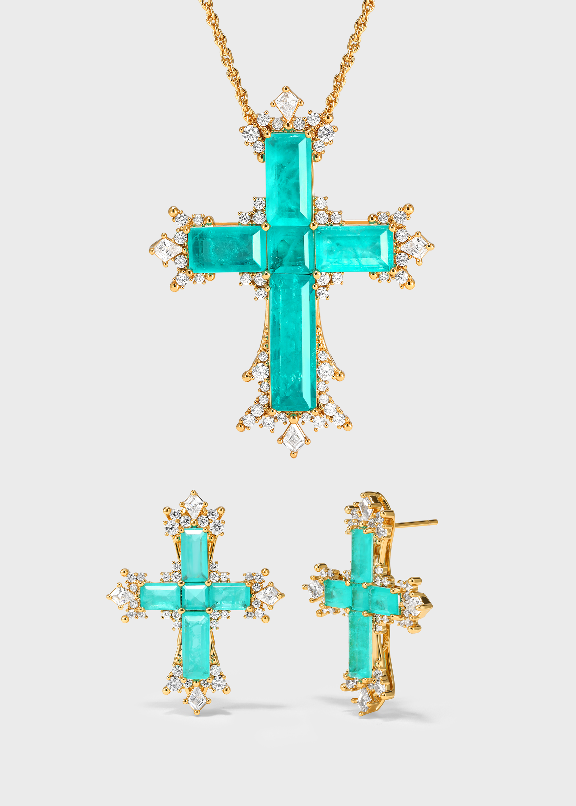 Paraiba Cross Jewelry Set – Gold Large Necklace & Earrings - booneealus