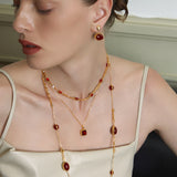 Double-Sided Red Agate Long Necklace – 24K Gold Plated