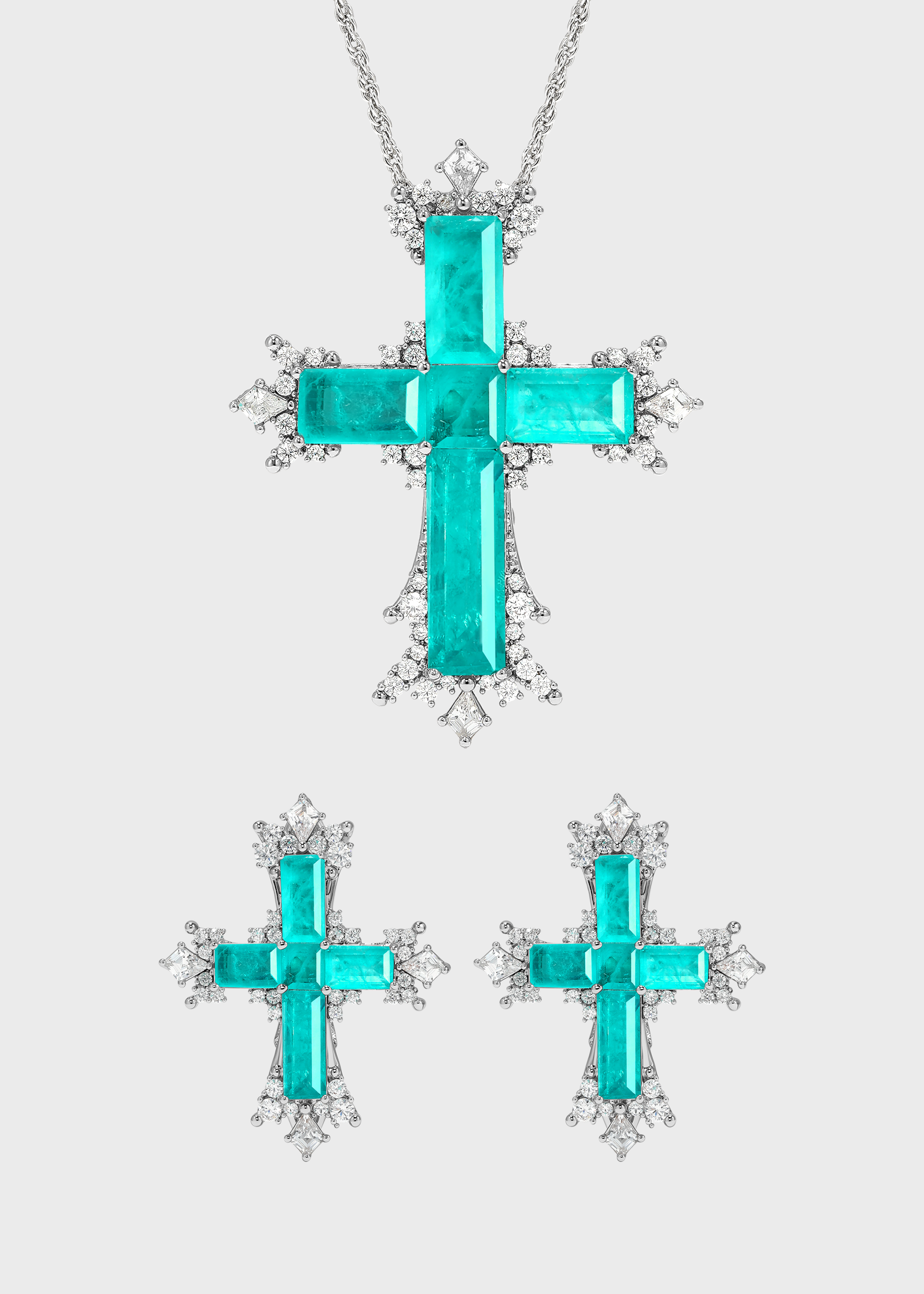 Paraiba Cross Jewelry Set – Silver Large Necklace & Earrings - booneealus