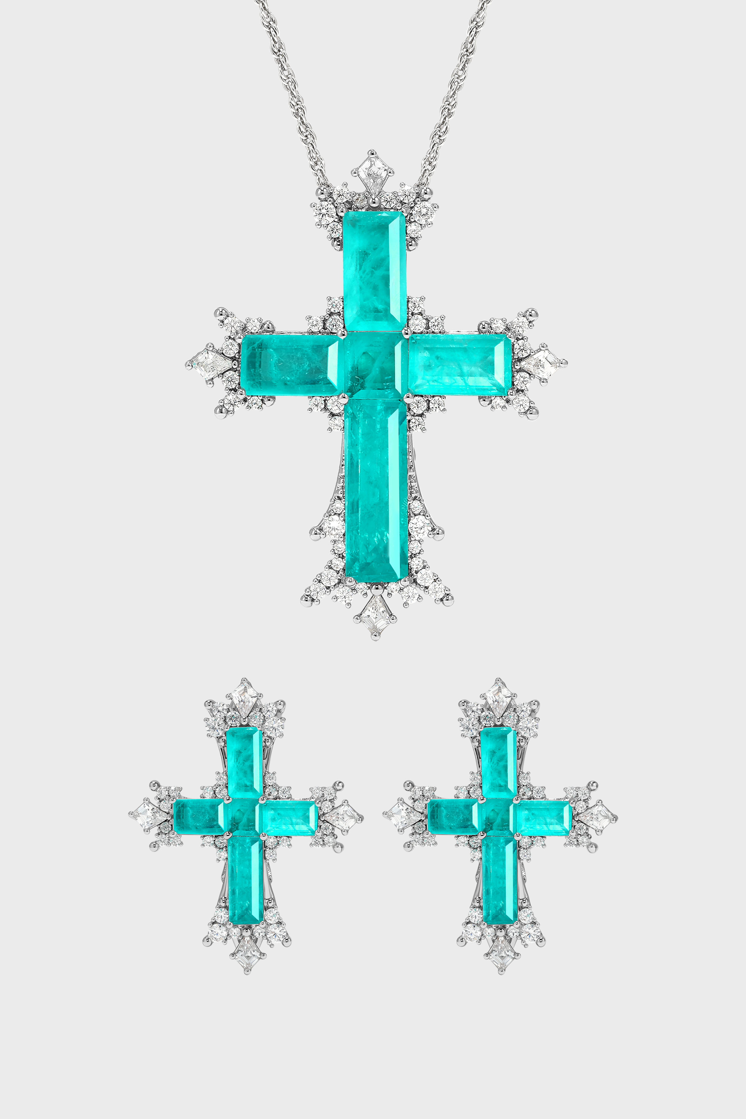 Paraiba Cross Jewelry Set – Silver Large Necklace & Earrings - booneealus