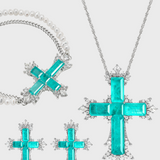 Paraiba Cross Jewelry Set – Silver 3-Piece Collection (Large Necklace) - booneealus