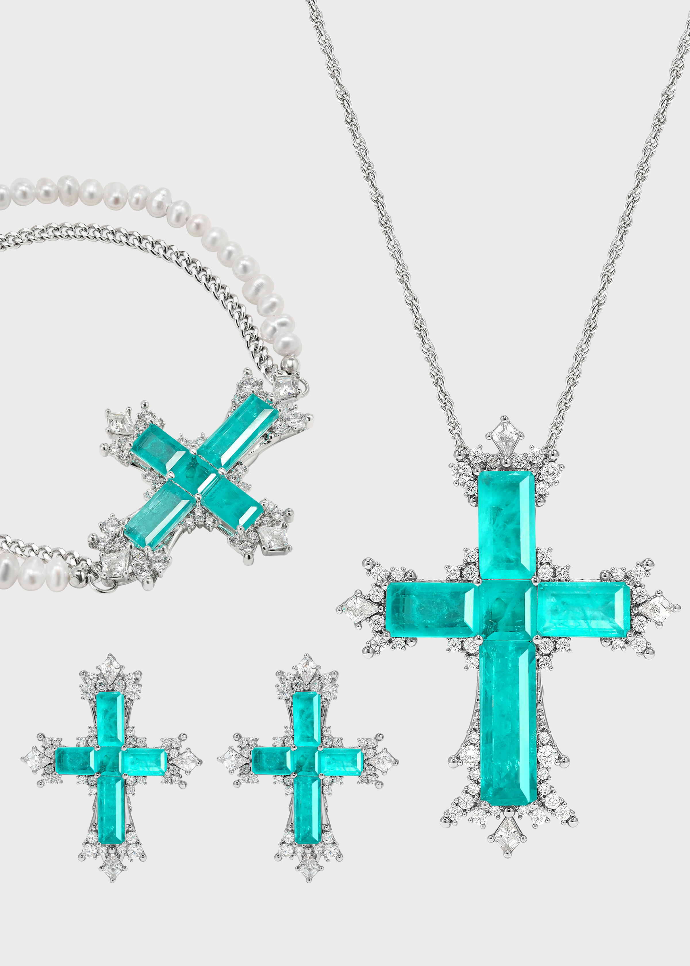 Paraiba Cross Jewelry Set – Silver 3-Piece Collection (Large Necklace) - booneealus