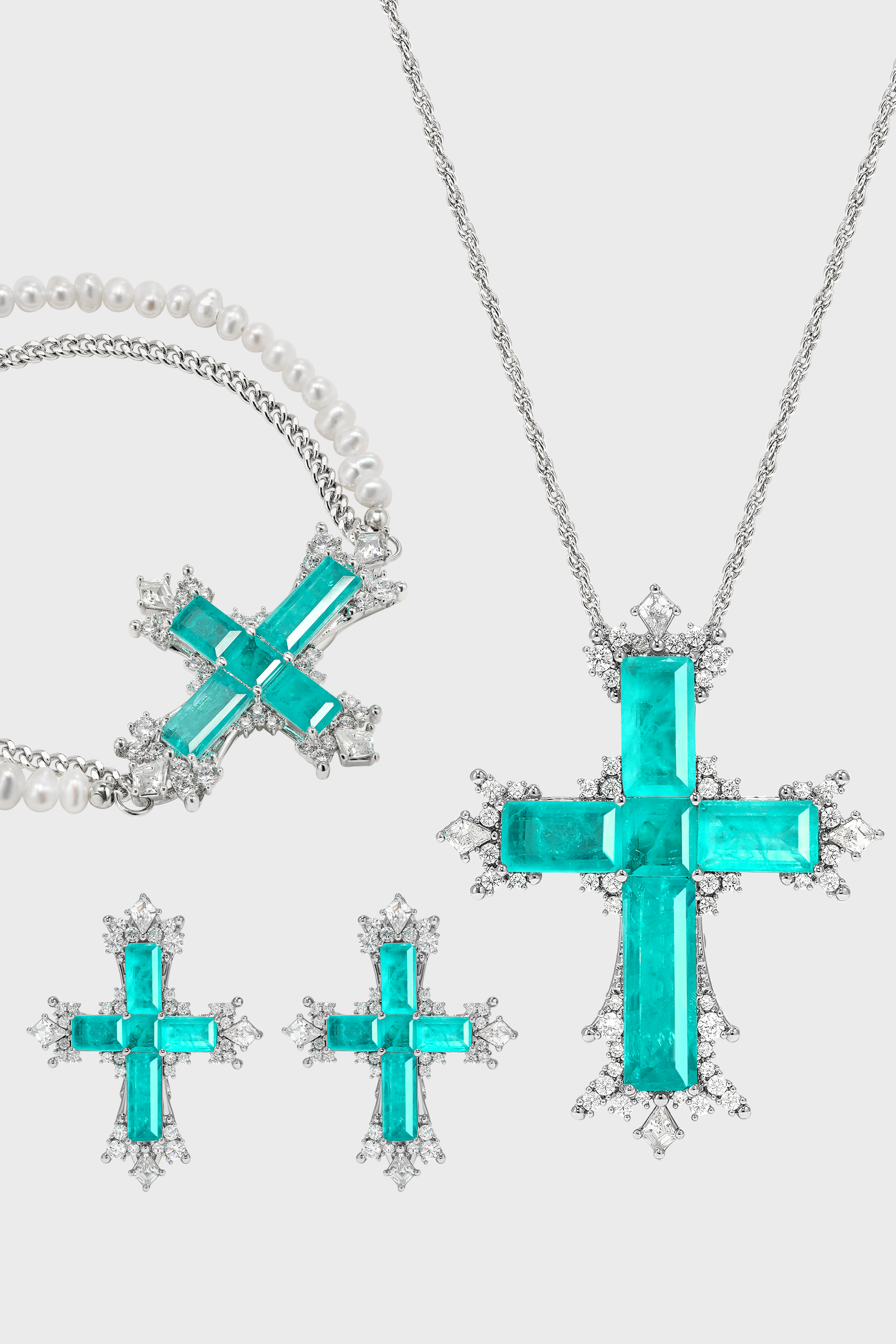 Paraiba Cross Jewelry Set – Silver 3-Piece Collection (Large Necklace) - booneealus