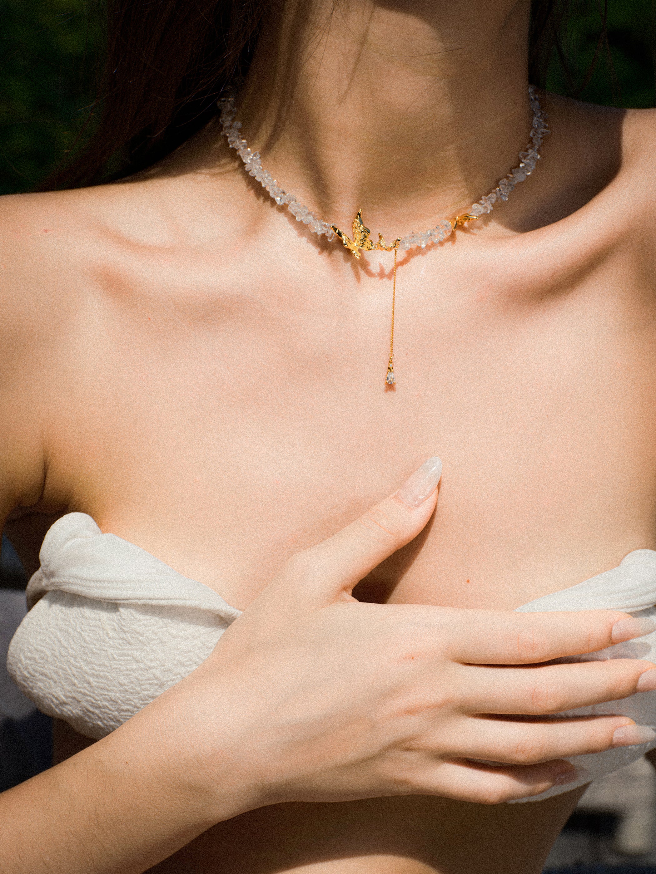 Butterfly Teardrop Zircon Pendant with Crushed Stone Necklace - booneealus