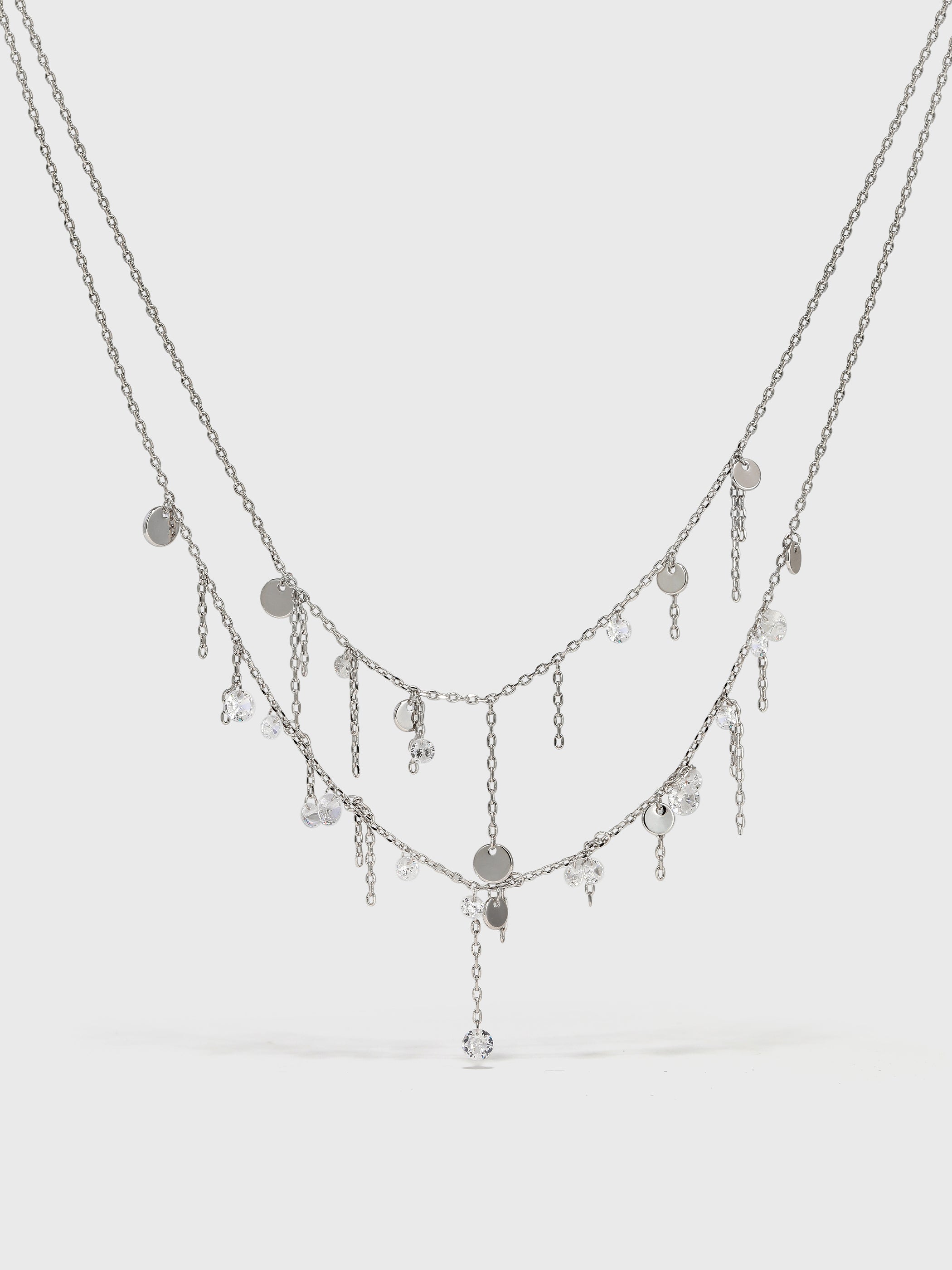 Multi-metal Disc and Zircon Tassel Double Layer Necklace - booneealus